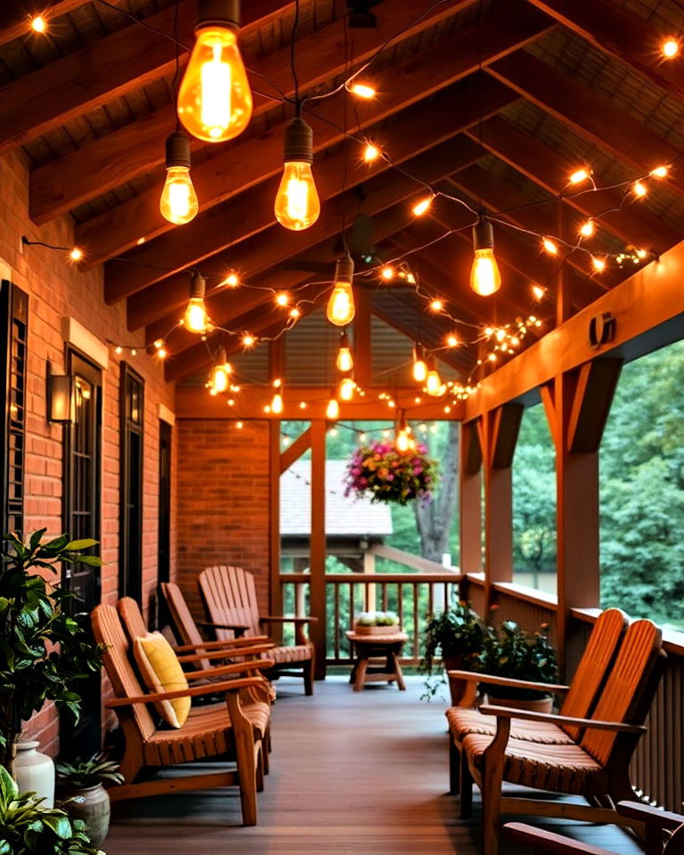 porch with string lights draped over beams - 30 Rustic Porch Ideas