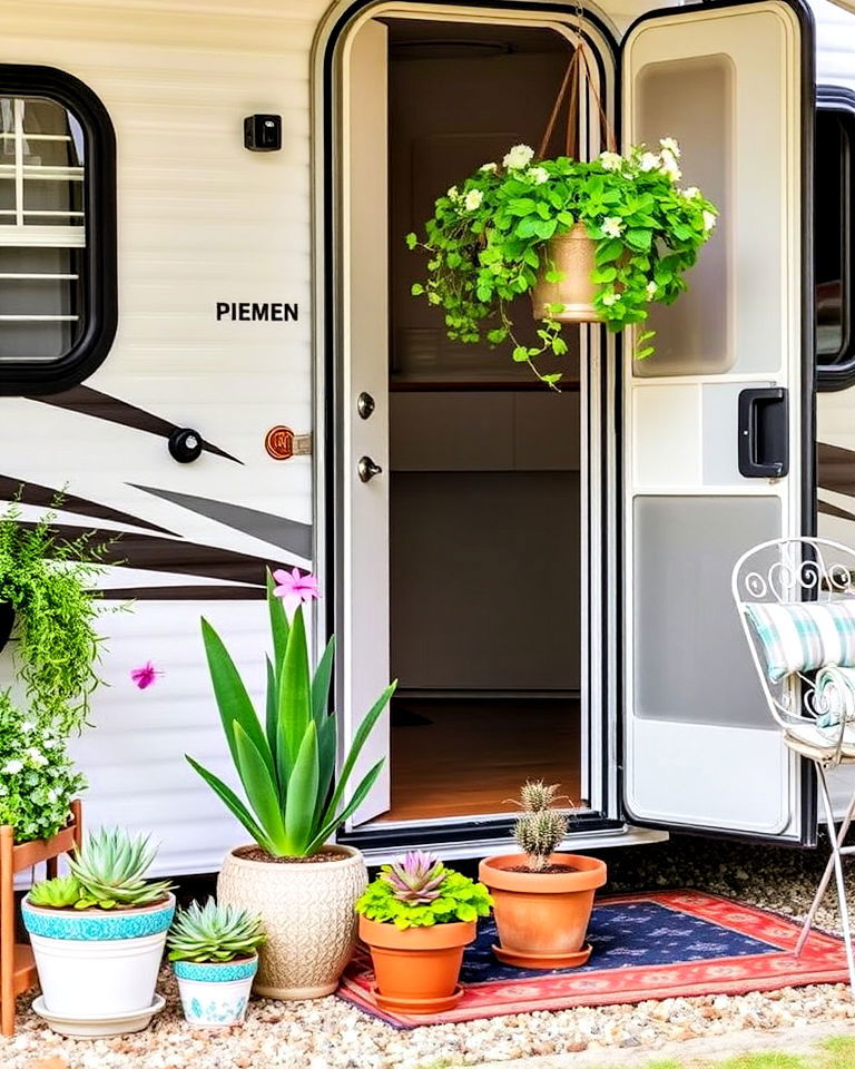 potted plants beside rv door - 30 Rv Campsite Decorating Ideas