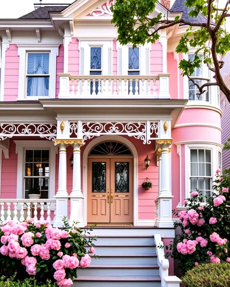 powder pink home with white and gold detailing - 25 Pink Victorian House Ideas