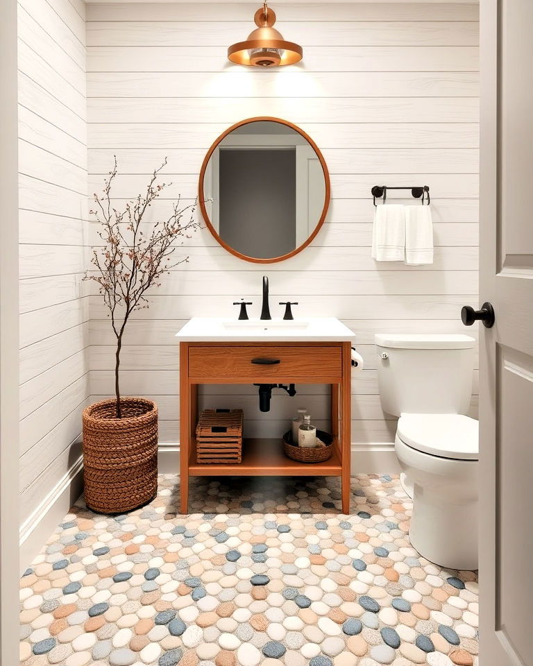 powder room floor with pebble tiles - 25 Powder Room Floor Tile Ideas