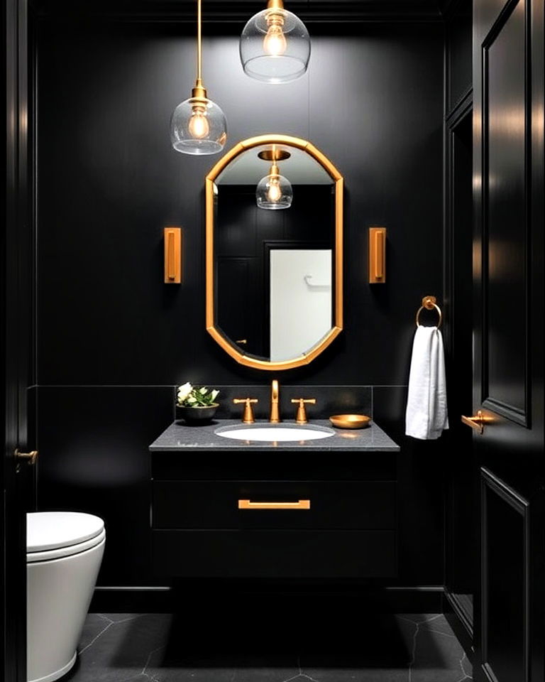 powder room with black and gold color scheme - 20 Luxury Powder Room Ideas