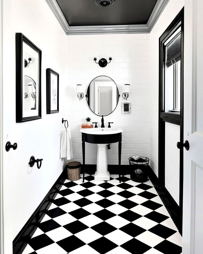 powder room with black and white checkerboard floor - 20 Black and White Powder Room Ideas