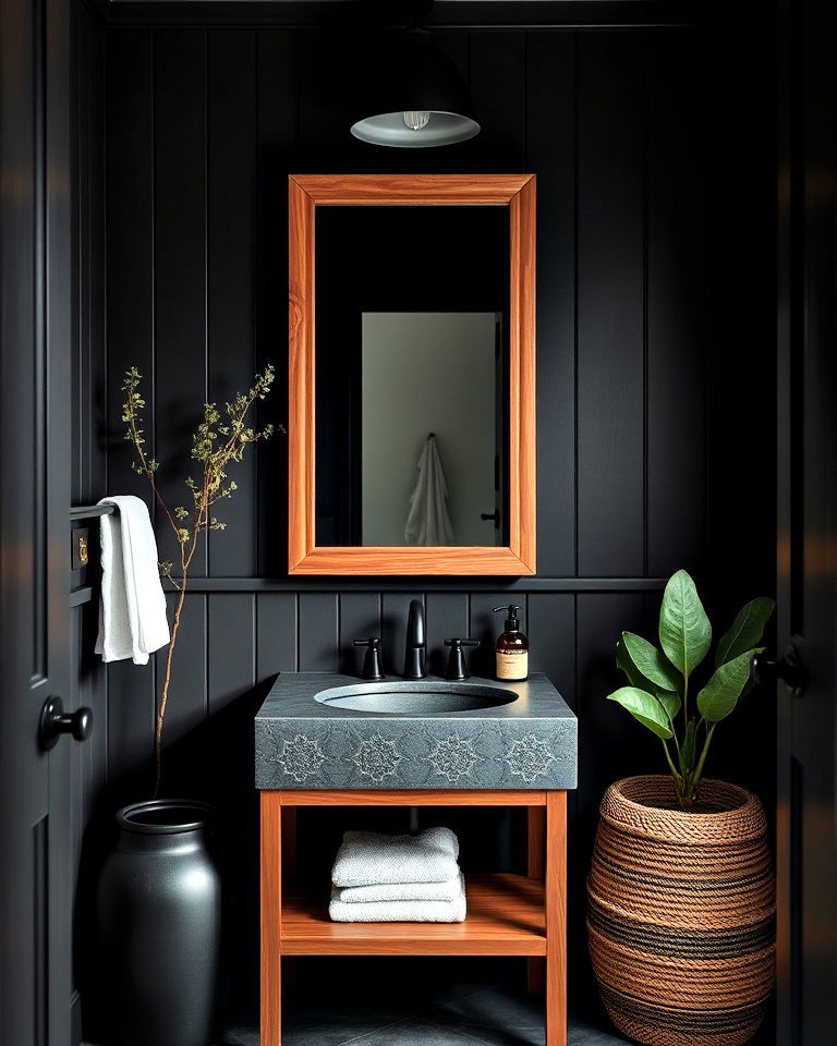 powder room with black and wood combination - 25 Black Powder Room Ideas