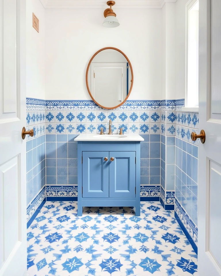powder room with classic blue and white tilework - 20 Blue Powder Room Ideas