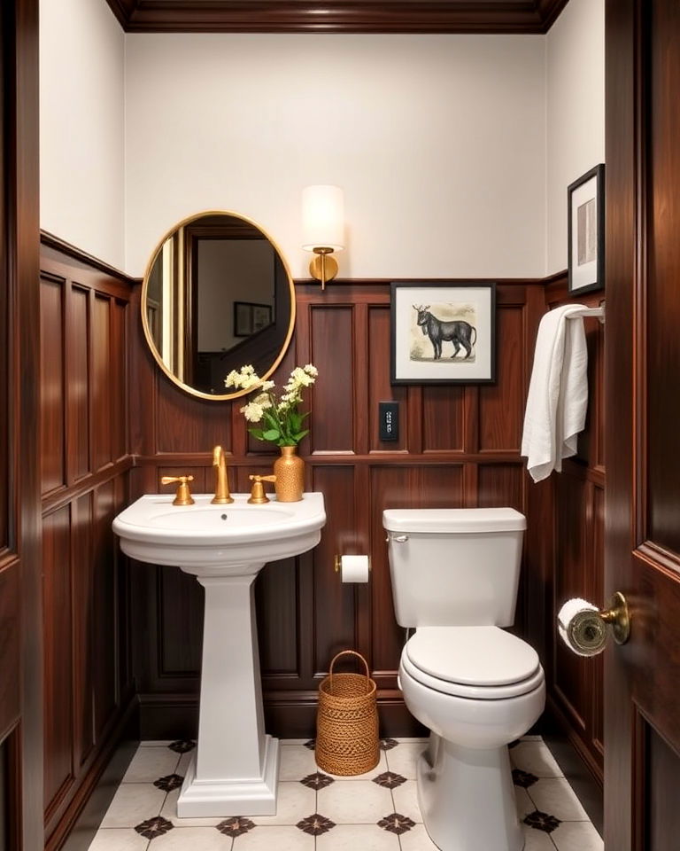 powder room with dark wood wainscoting for rich warmth - 25 Powder Room Wainscoting Ideas