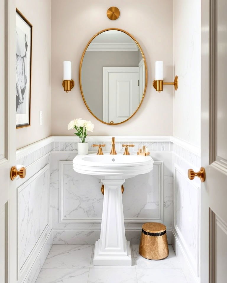 powder room with luxurious marble wainscoting - 25 Powder Room Wainscoting Ideas