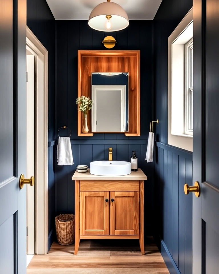 powder room with navy and natural wood combo - 20 Blue Powder Room Ideas