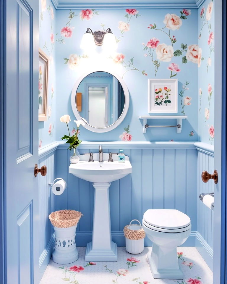 powder room with sky blue and floral elements - 20 Blue Powder Room Ideas