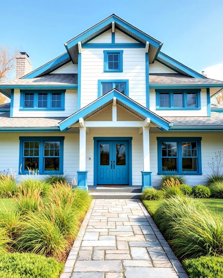prairie style white exterior with sky blue trim - 20 White House With Blue Trim Design Ideas