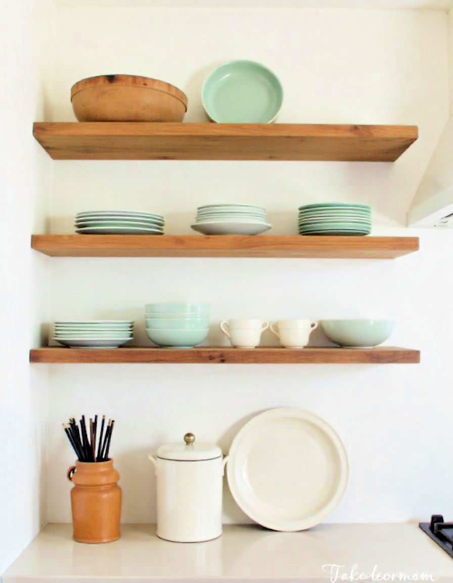 primitive kitchen with wooden slab shelving - 20 Primitive Kitchen Ideas