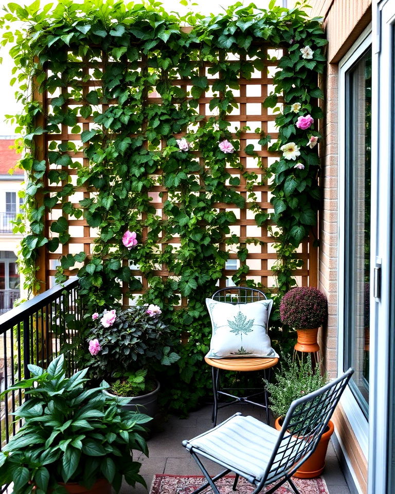 privacy screen balcony trellis with climbing vines - 20 Balcony Trellis Ideas