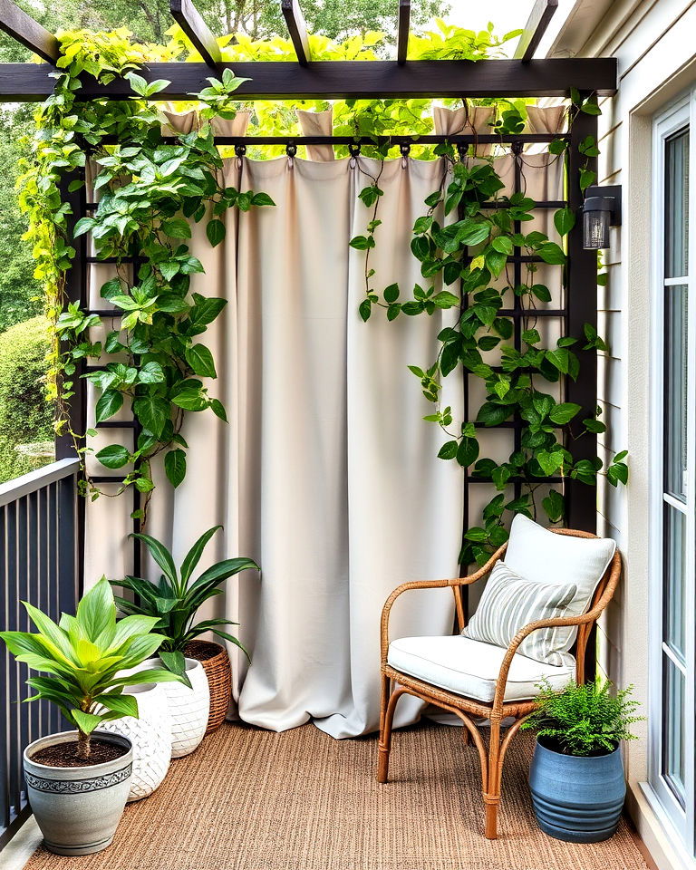 privacy trellis with fabric panels for balcony - 20 Balcony Trellis Ideas