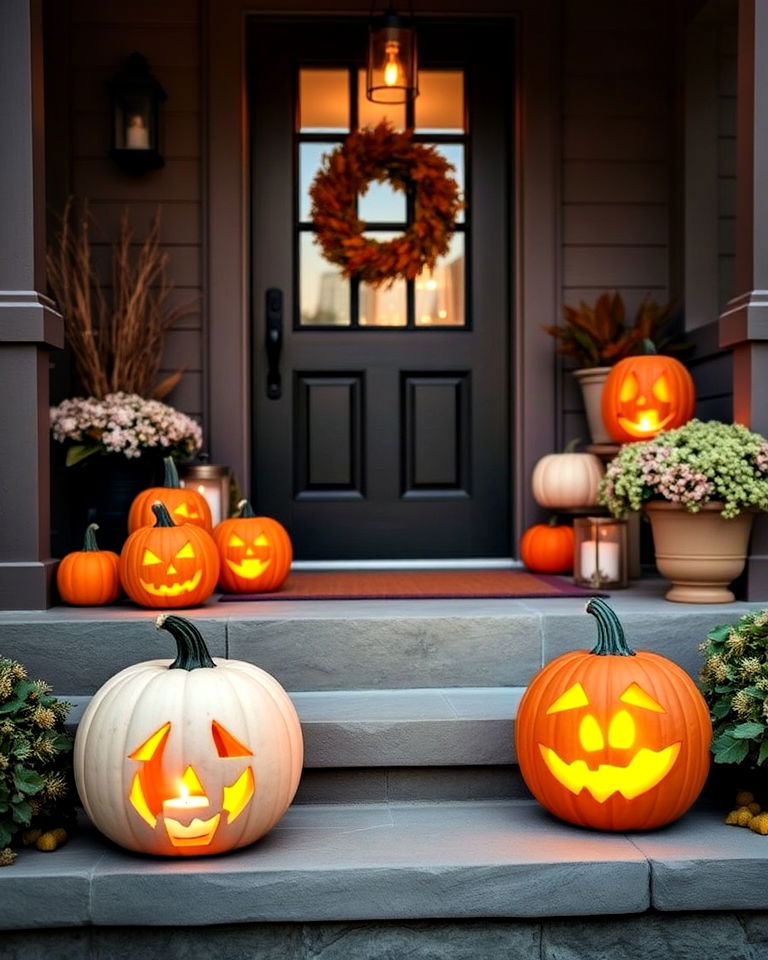 pumpkin lanterns for front door fall decor - 30 Front Door Fall Decor Ideas