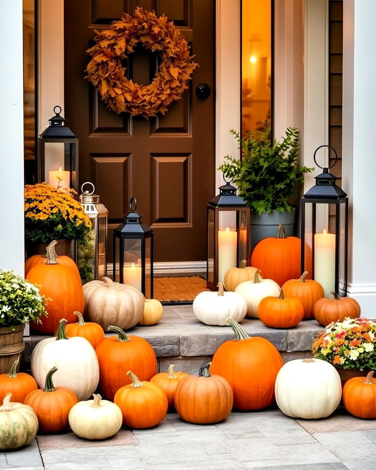 pumpkins and lanterns for front door fall decor - 30 Front Door Fall Decor Ideas