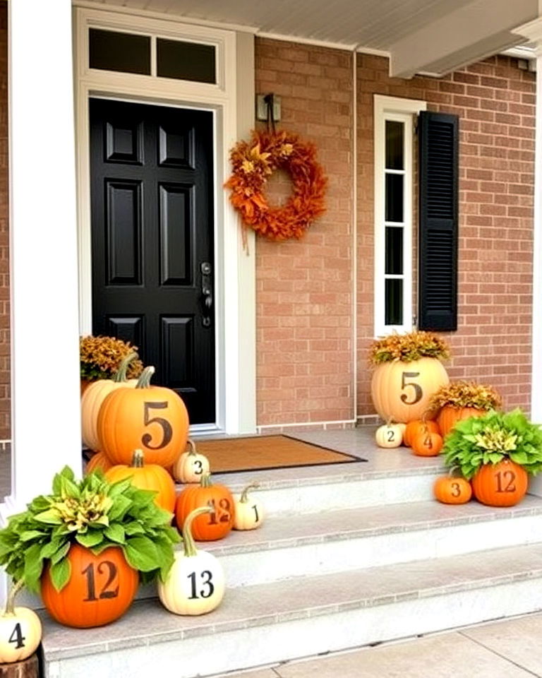 pumpkins to display your house numbers - 30 Front Door Fall Decor Ideas