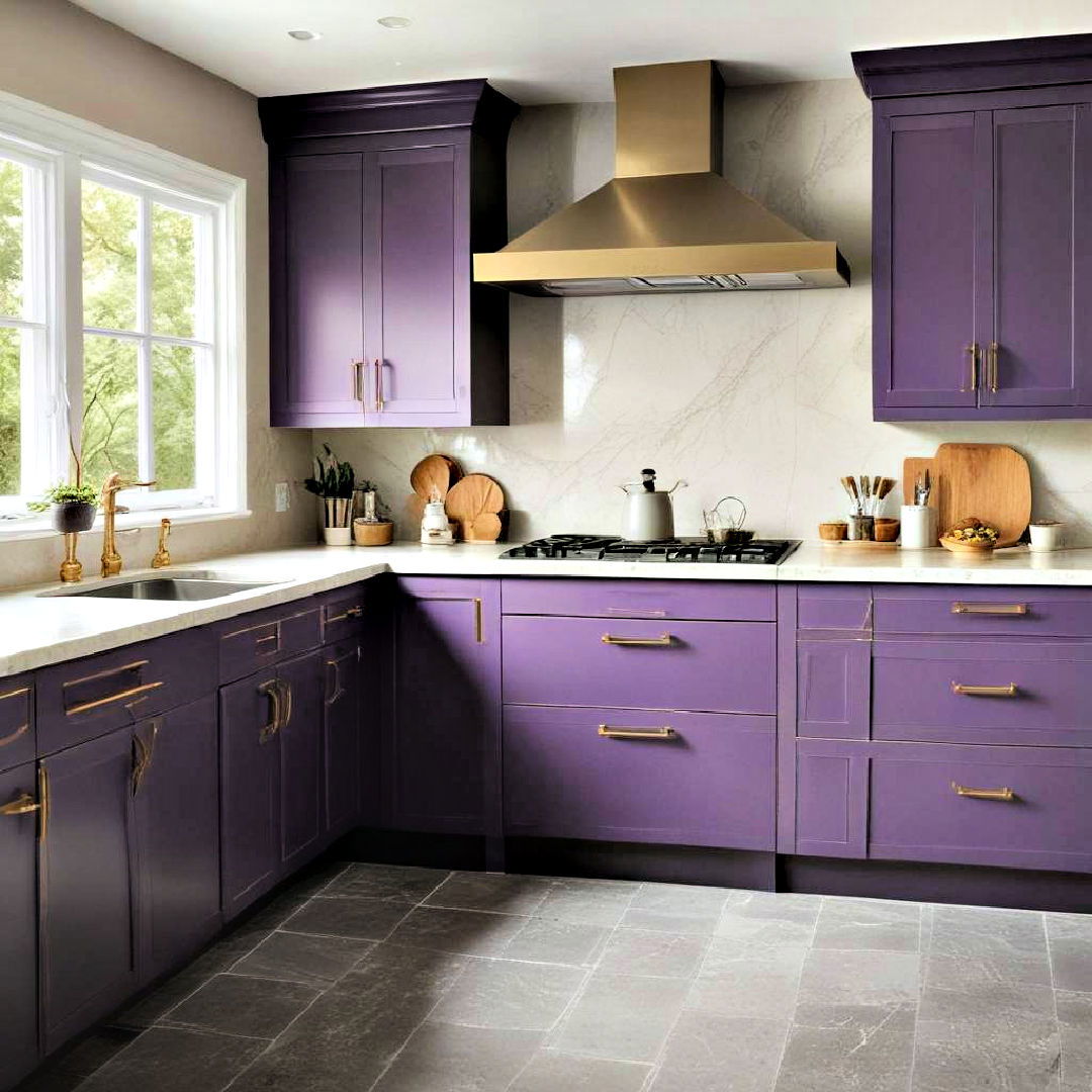 purple painted cabinets pair with gold accents - 40 Painted Kitchen Cabinet Ideas