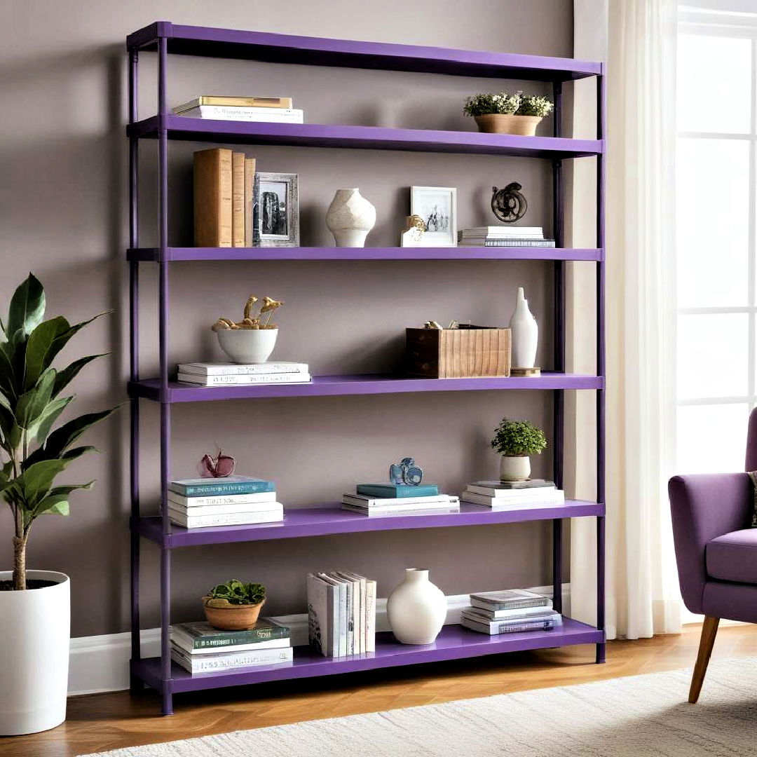 purple shelving unit to display decorative items - 25 Purple Living Room Ideas