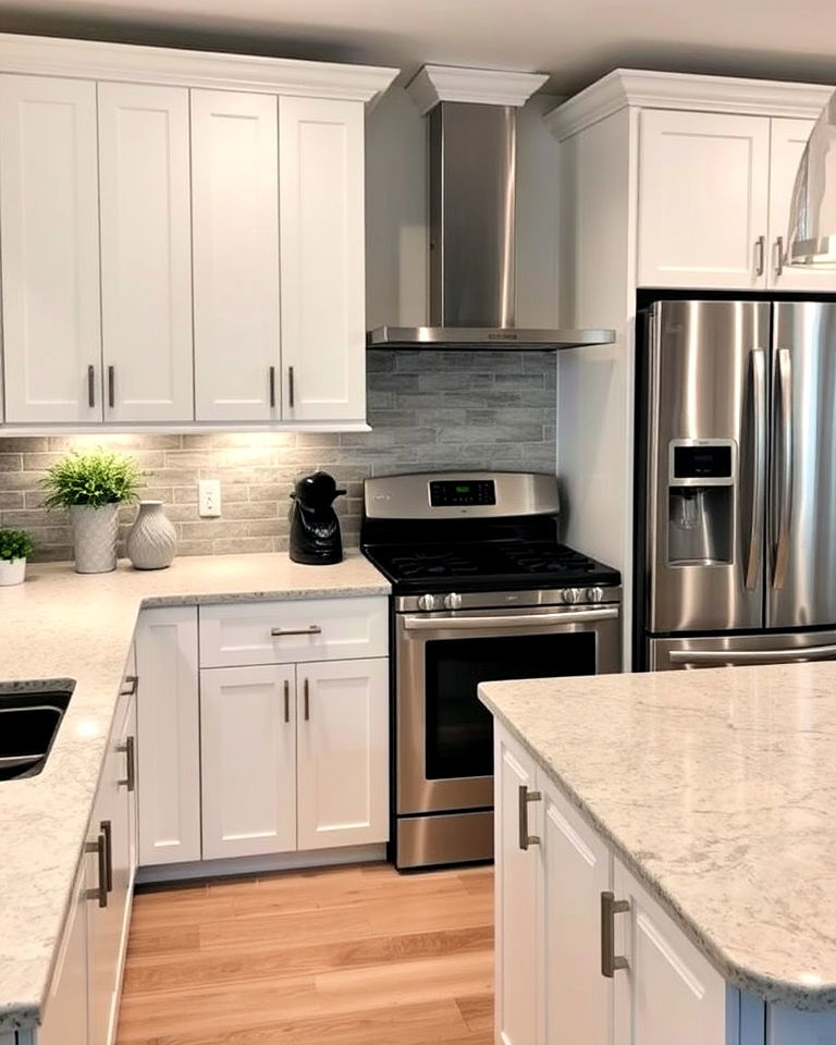 quartz countertops for white kitchen with stainless steel appliances - 25 White Kitchen with Stainless Steel Appliances Ideas