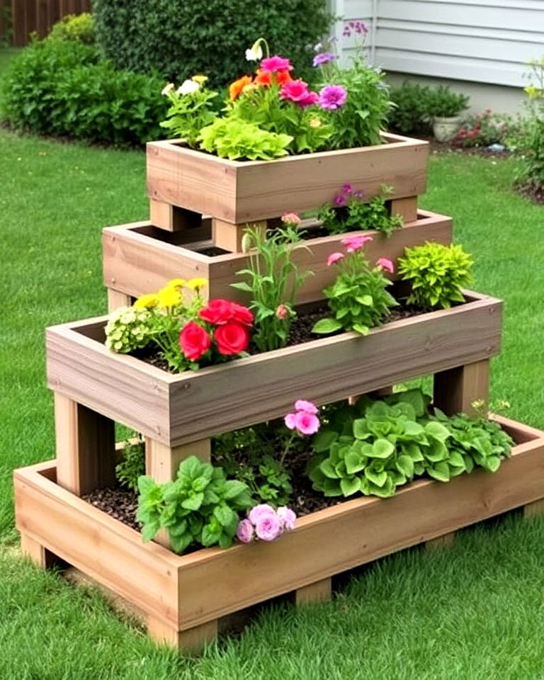 railroad ties as tiered garden planter - 20 Railroad Ties Landscaping Ideas