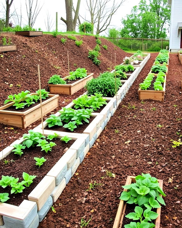 raised beds along the slope backyard - 25 Down Sloped Backyard Ideas