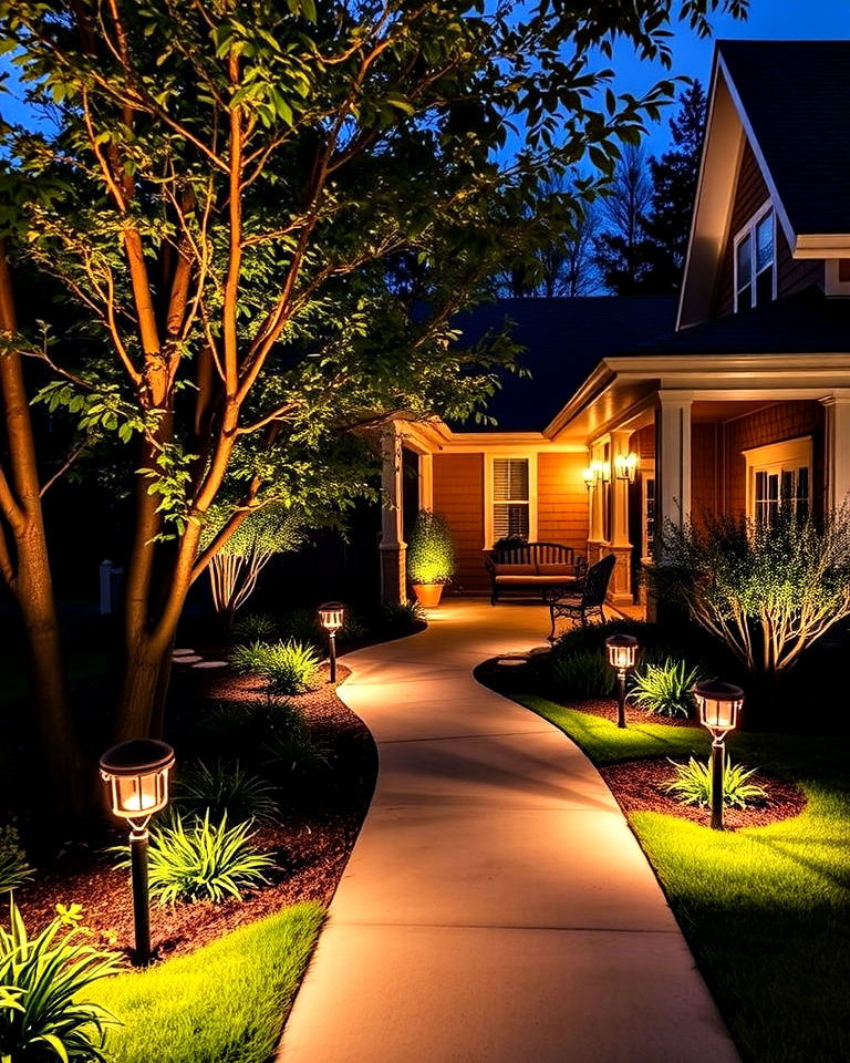 ranch house landscape with outdoor lighting - 30 Ranch House Landscaping Ideas