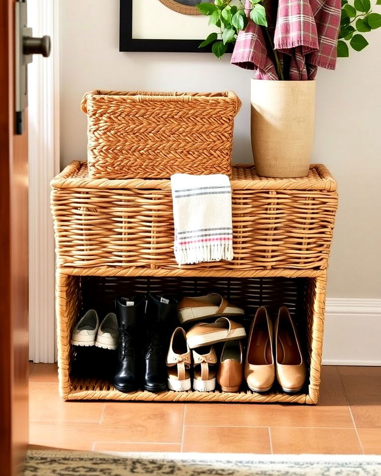 rattan basket in the foyer for shoes - 50 Foyer Decor Ideas