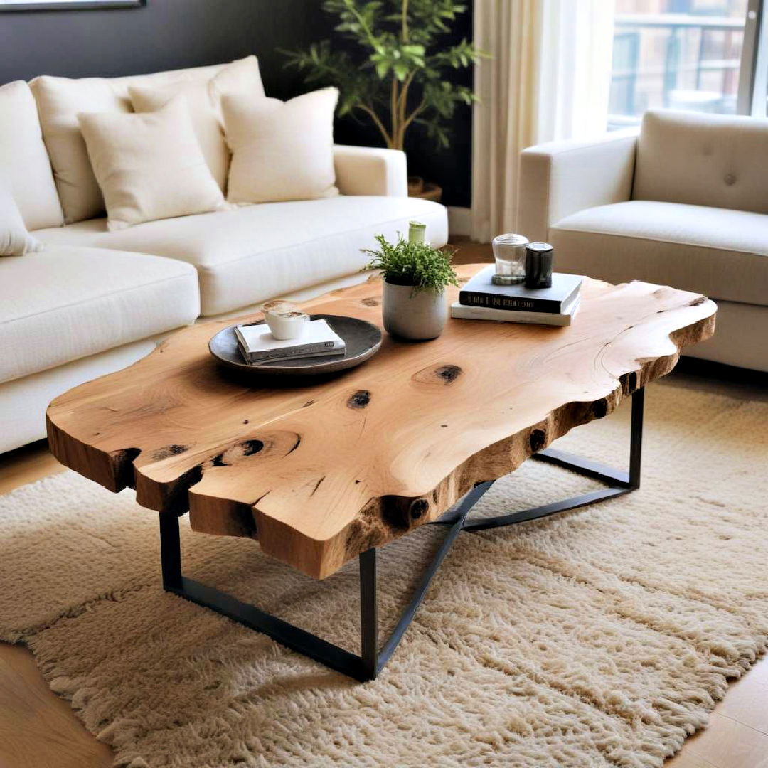 raw wood coffee table for organic modern living room design - 25 Organic Modern Living Room Design Ideas