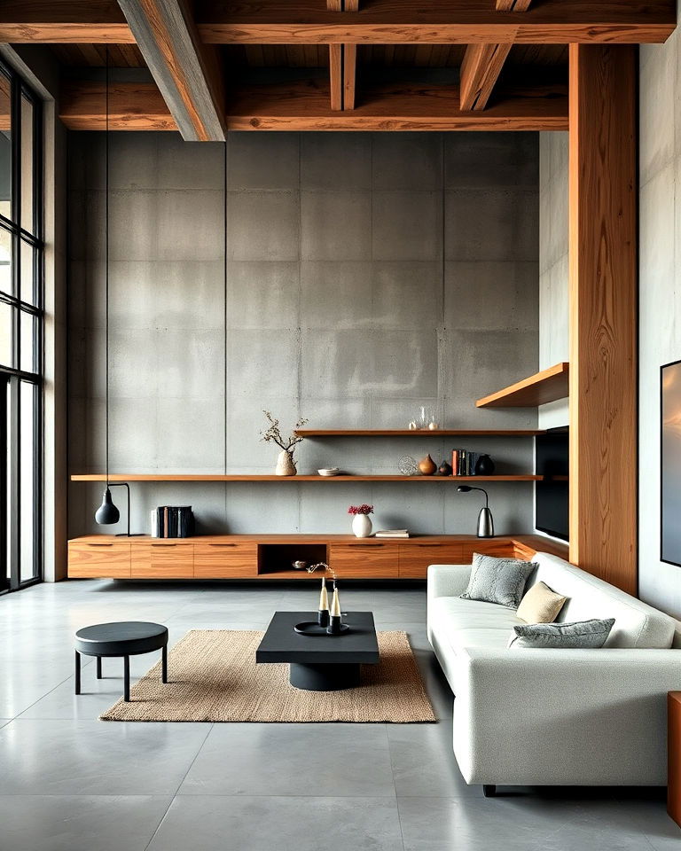 raw wooden accents for organic feel - 20 Brutalism Interior Design Ideas