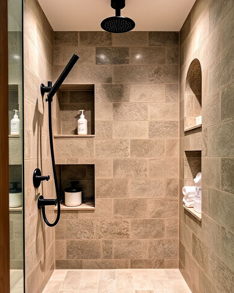 recessed stone built in shelving - 25 Rustic Walk-in Shower Ideas