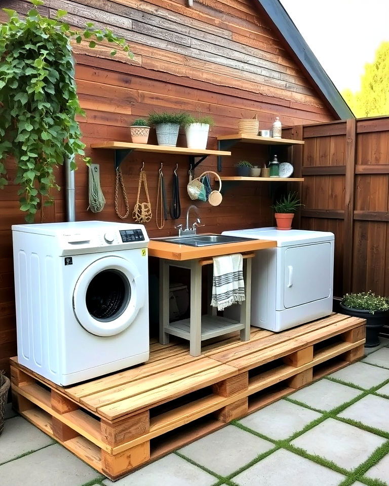 reclaimed pallet platform for outdoor laundry area - 30 Outdoor Laundry Room Ideas