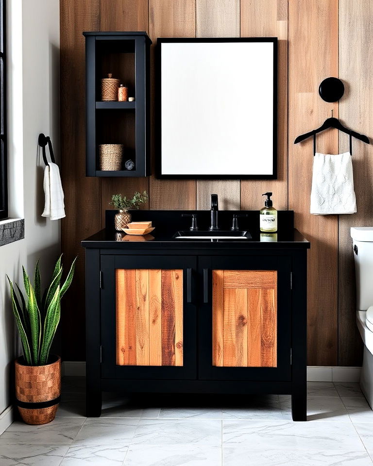 reclaimed wood accents for black vanity - 20 Black Vanity Bathroom Ideas