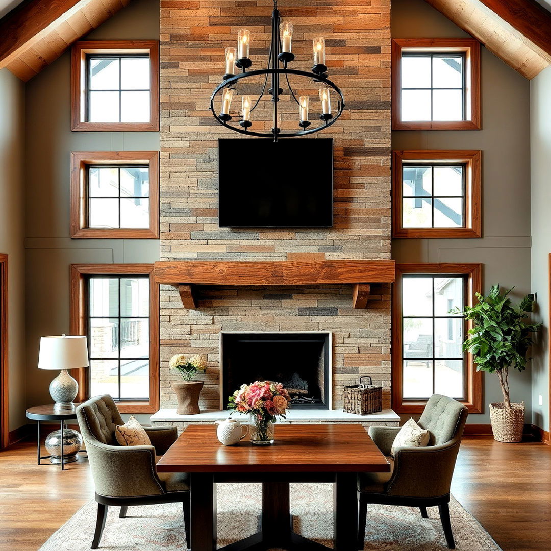 reclaimed wood accents for two story fireplace - 25 Two-story Fireplace Ideas
