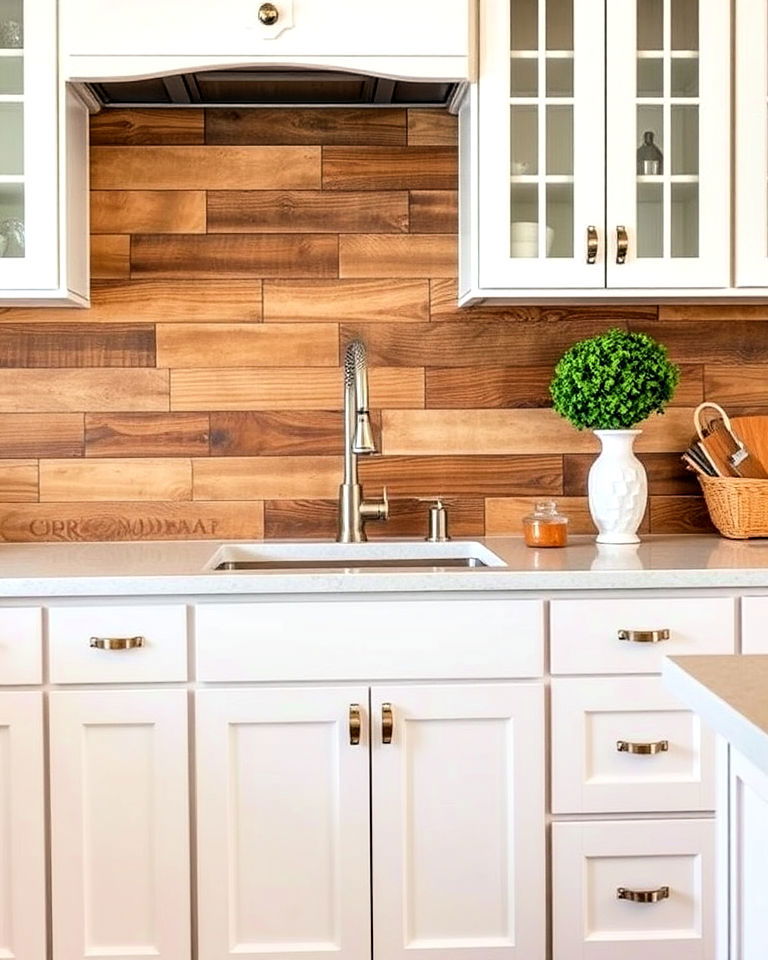 reclaimed wood backsplash and white cabinets - 40 Kitchen Backsplash Ideas for White Cabinets