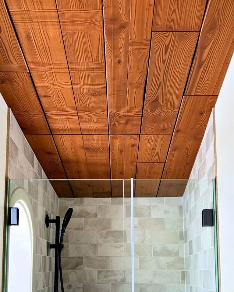 reclaimed wood ceiling for rustic retreat - 25 Rustic Walk-in Shower Ideas
