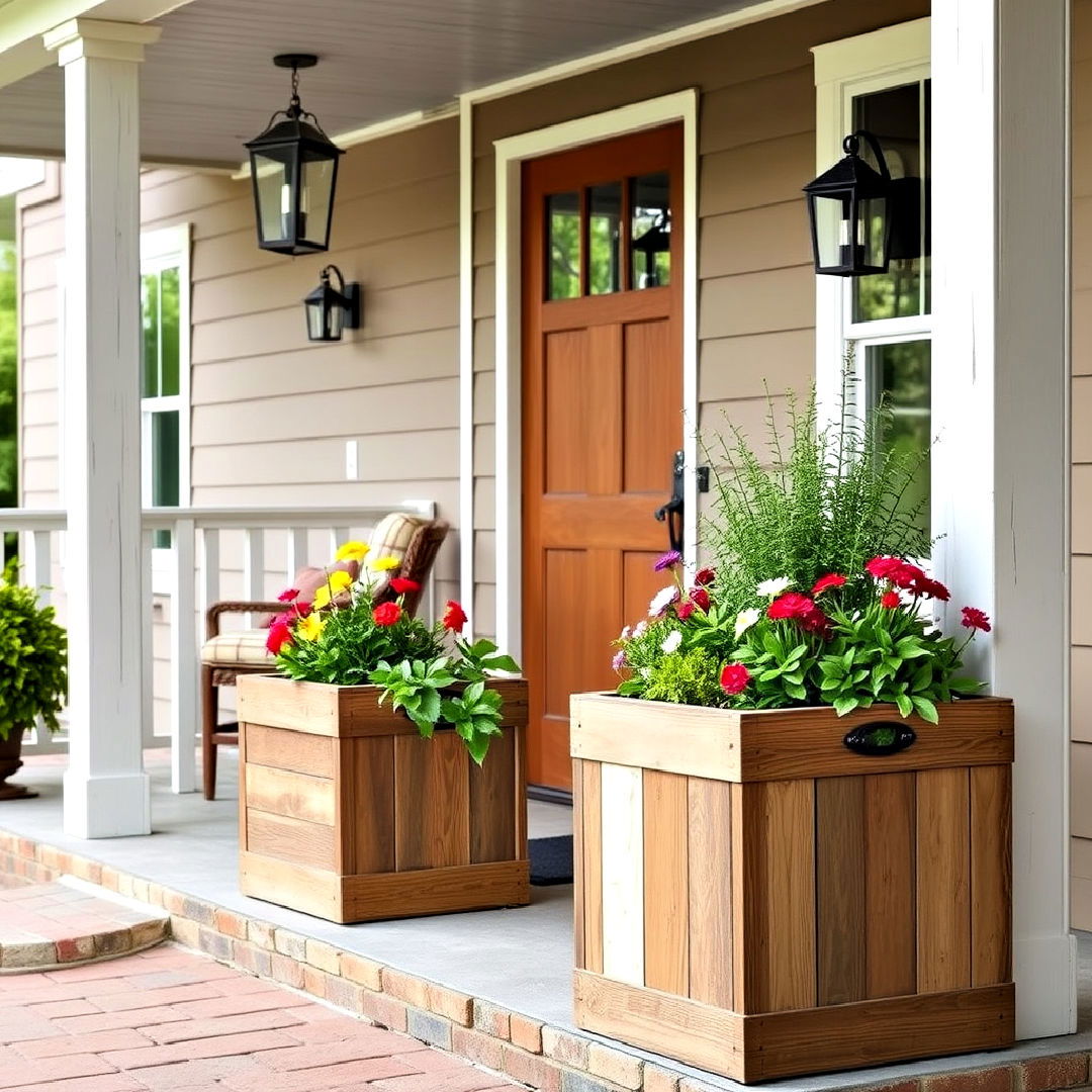 reclaimed wood planters to add rustic charm - 25 Rustic Front Porch Ideas