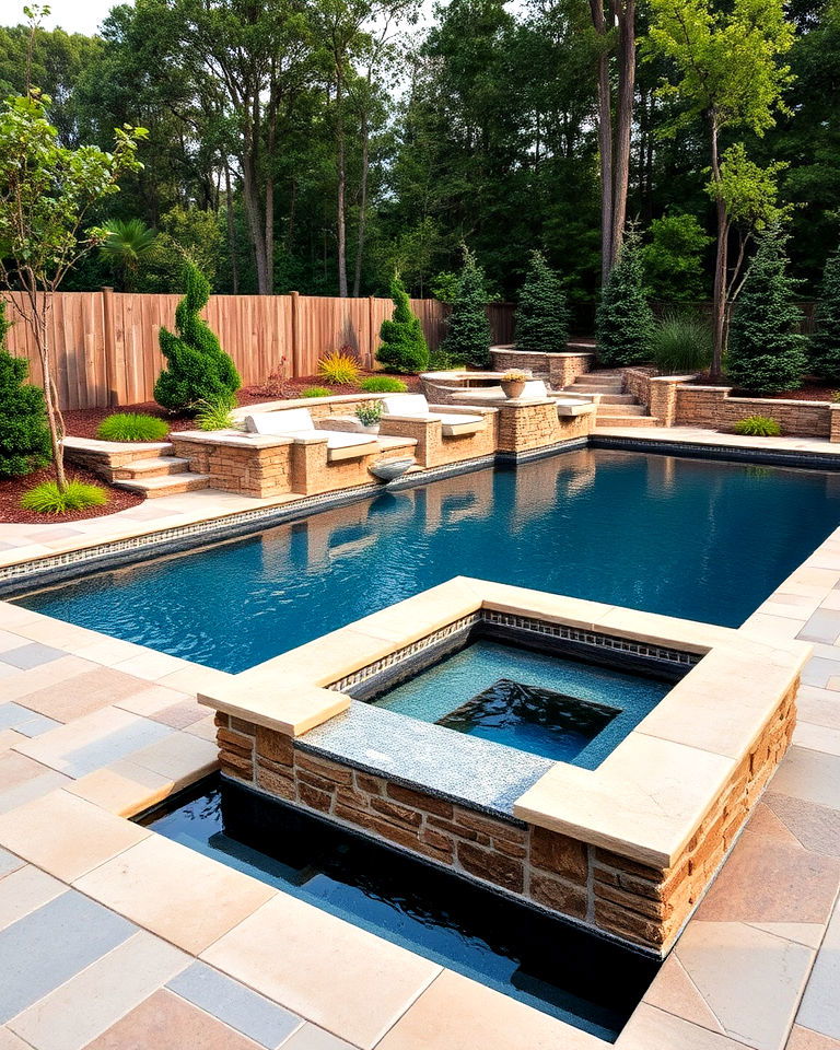 rectangle pool with natural stone accents - 20 Rectangle Pool With Hot Tub
