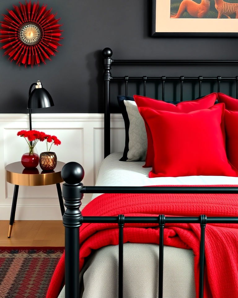 red accent pillows for black metal bed frame - 25 Red and Black Bedroom Ideas