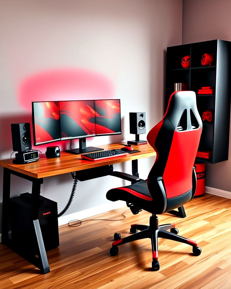 red and black gaming setup with subtle wood accents - 20 Red and Black Gaming Setup Ideas