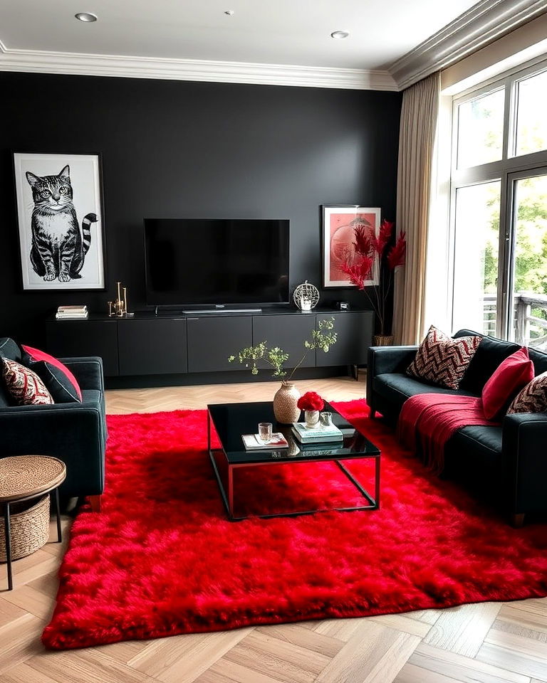 red and black living room with area rug - 25 Black and Red Living Room Ideas