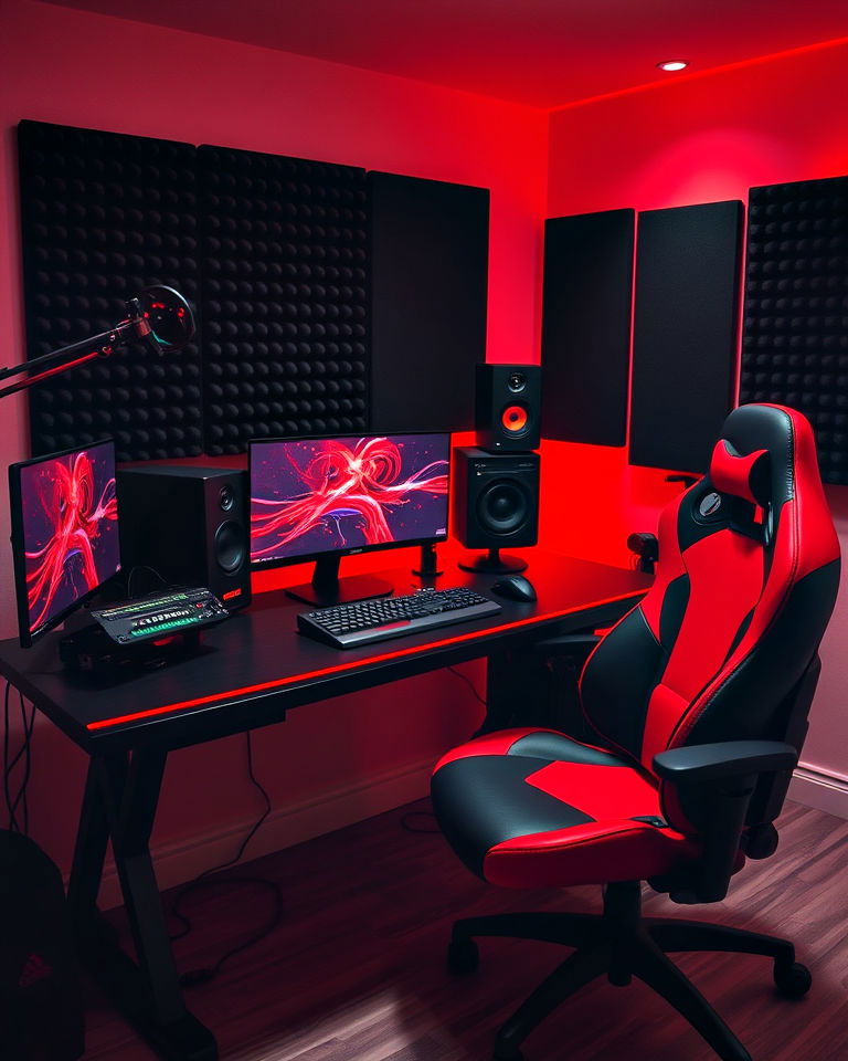 red and black music and gaming studio design - 20 Red and Black Gaming Setup Ideas