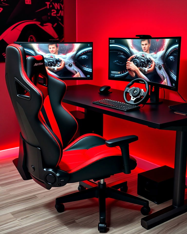 red and black racing inspired gaming setup - 20 Red and Black Gaming Setup Ideas