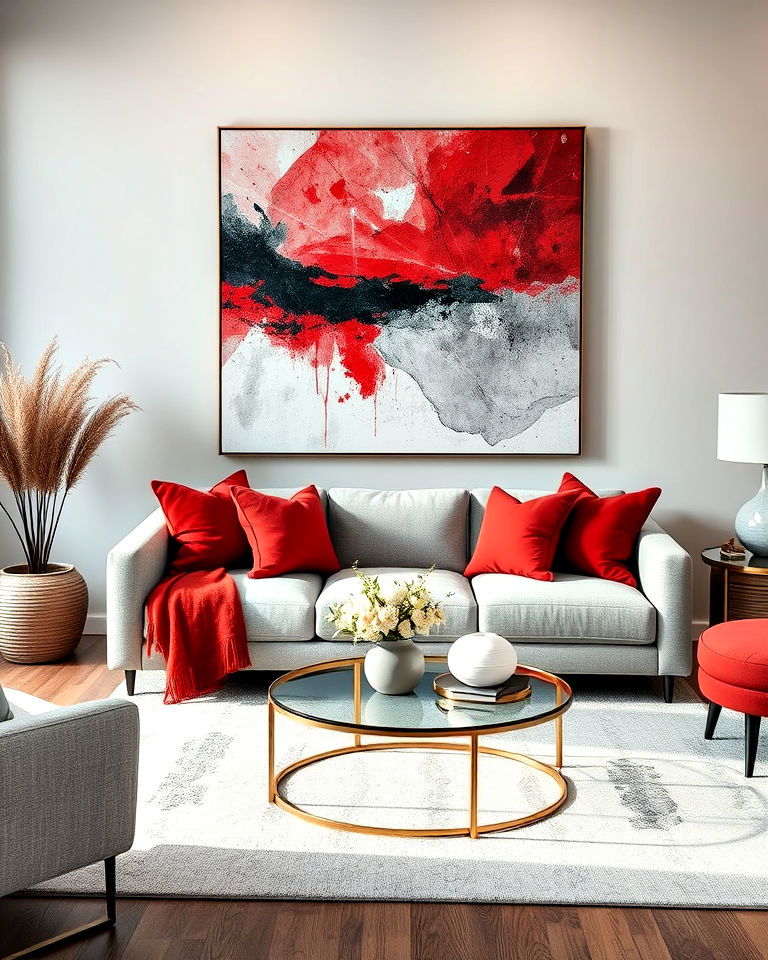 red and grey abstract art for living room - 25 Red and Grey Living Room Ideas