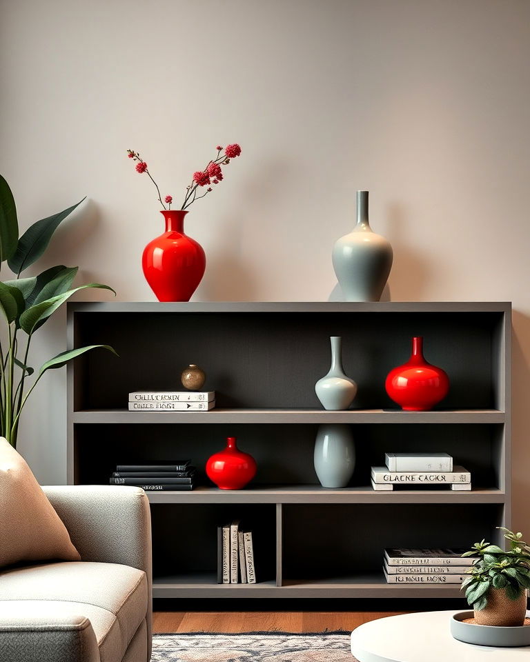 red and grey decorative vases for living room - 25 Red and Grey Living Room Ideas