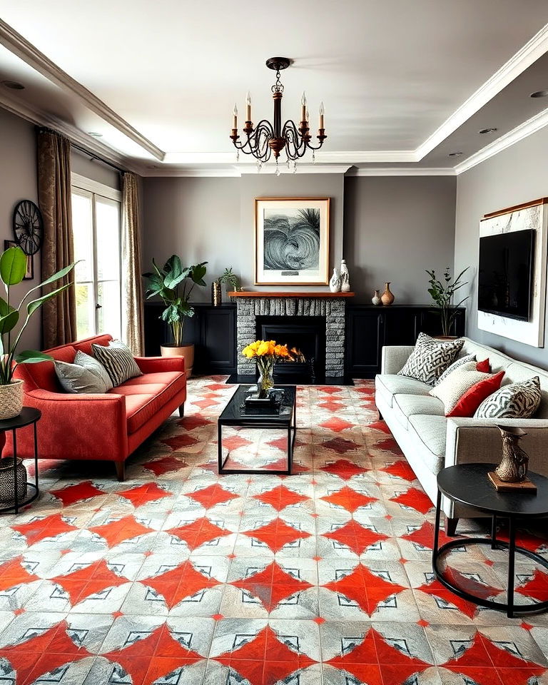 red and grey tile flooring for living room - 25 Red and Grey Living Room Ideas