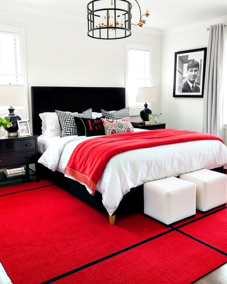 red area rug with black accents for bedroom - 25 Red and Black Bedroom Ideas