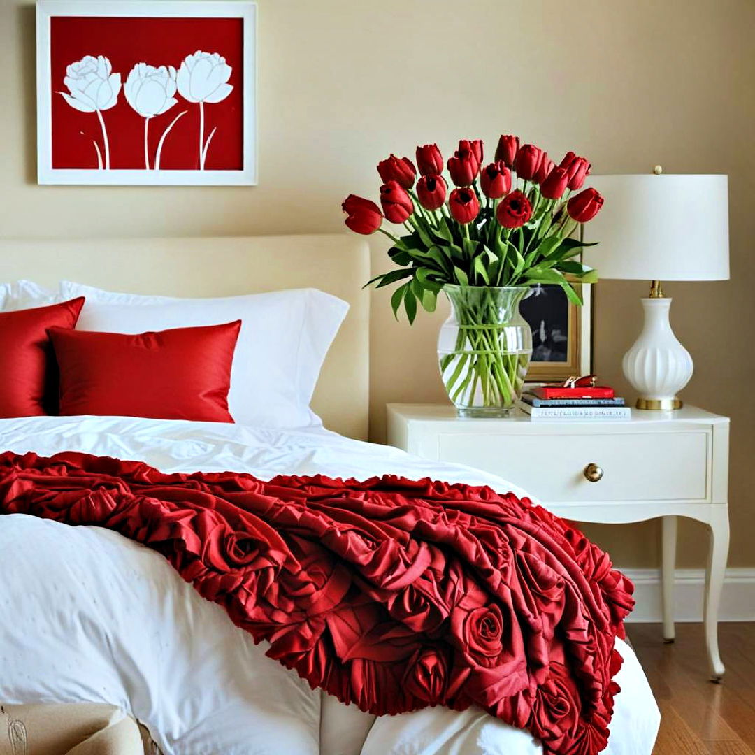 red bedroom with floral arrangements - 20 Red Bedroom Ideas