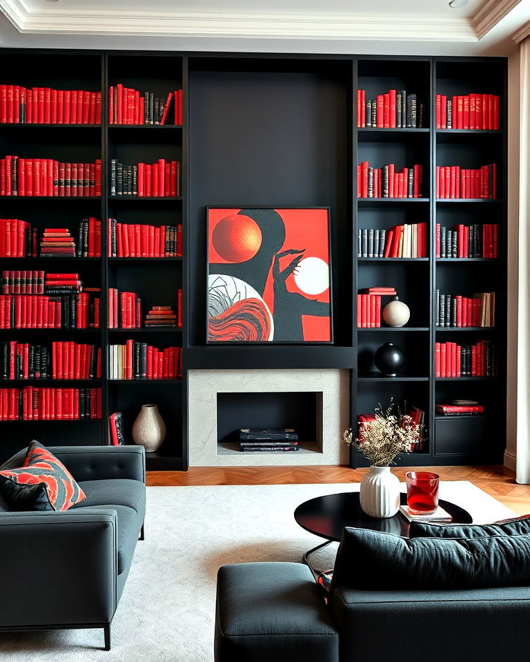 red book covers and black bookshelves - 25 Black and Red Living Room Ideas