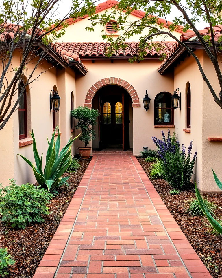 red brick pathway to add rustic charm - 25 Spanish Bungalow Exterior Ideas