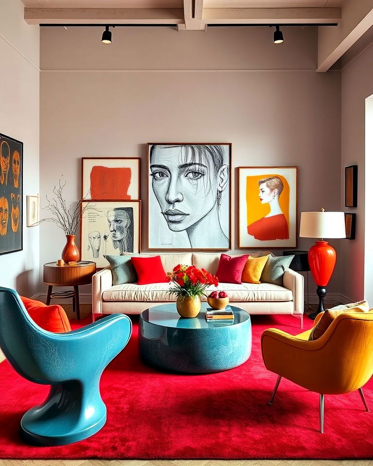 red carpet for art filled living room - 20 Red Carpet Living Room Ideas