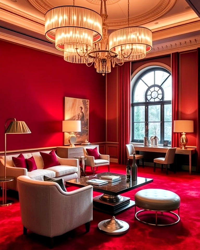 red carpet living room with statement lighting - 20 Red Carpet Living Room Ideas